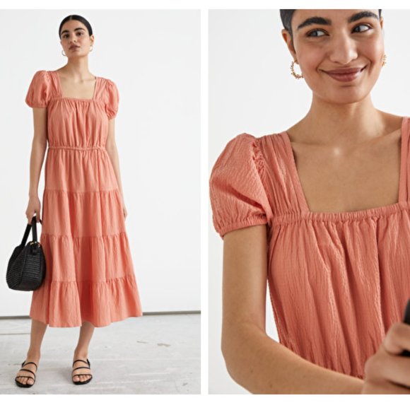 Tiered Puff Sleeve Cotton Midi Dress 